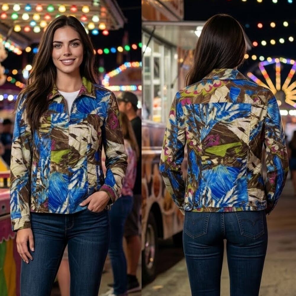 Chico's Abstract "Additions" Full Zip Long Sleeve Jacket Women's Size 1 Small